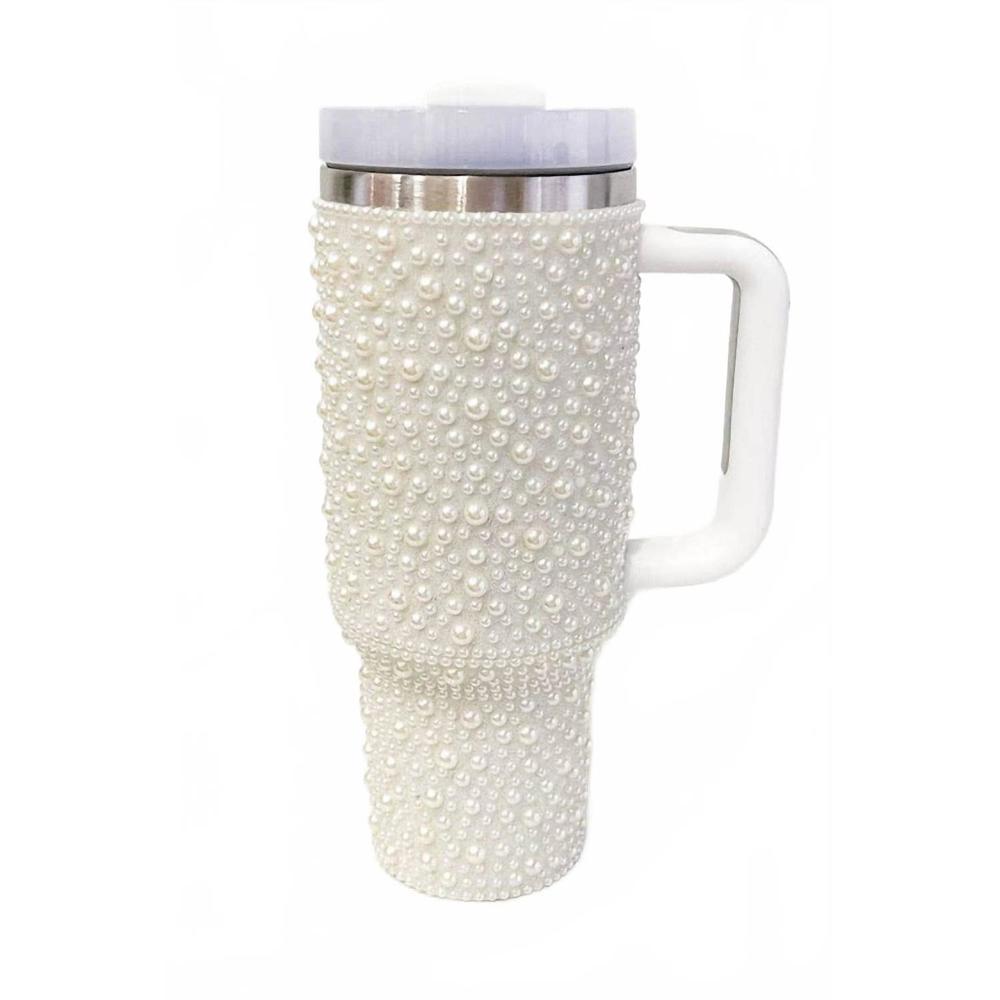 NEW NASH GREY women's pearl studded stainless steel tumbler with handle - 40 oz